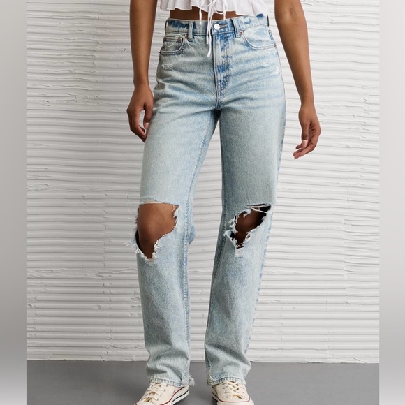 American Eagle Outfitters Denim - American Eagle Outfitters Light Blue Distressed Straight-Leg Jeans